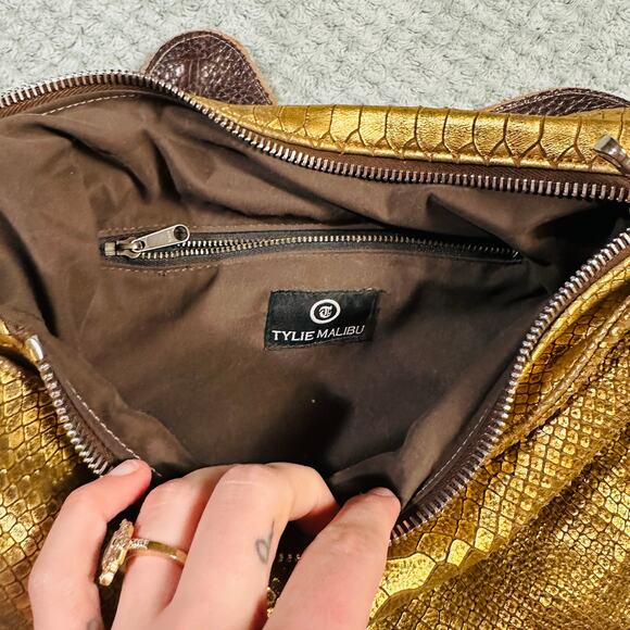 TYLIE MALIBU Gold Croc Brown Leather Suede Hobo Slouchy Oversized Clutch RARE - Picture 7 of 9